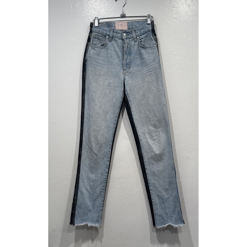 Revice Denim Two Tone Blue Black Denim Jeans Size 25‎ Frayed Hem High Rise